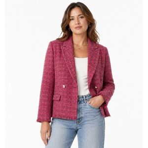 MNG Woman Pink Tweed Double-Breasted Blazer Jacket Frayed Hem Size XL